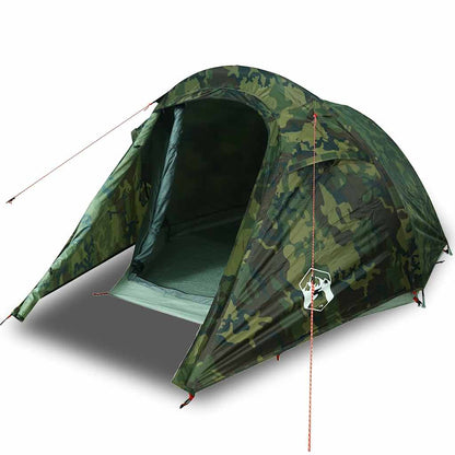 Zijaanzicht van de vidaXL 2-persoons camouflage tunneltent met open ingang.