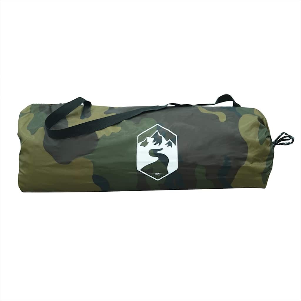 Camouflage tent van vidaXL in opbergtas, zijaanzicht met logo.