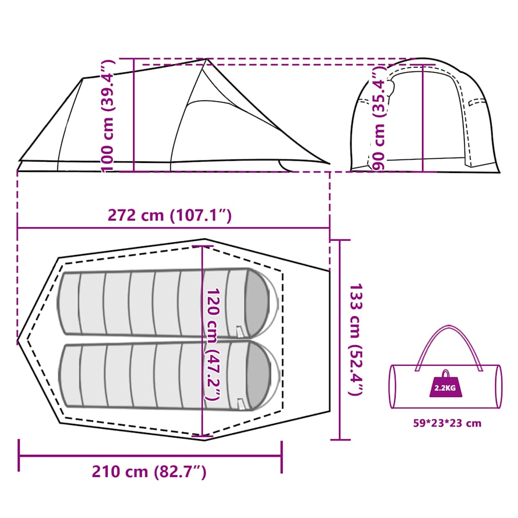 Detailtekening van de vidaXL 2-persoons tunneltent met afmetingen en opbergzak.