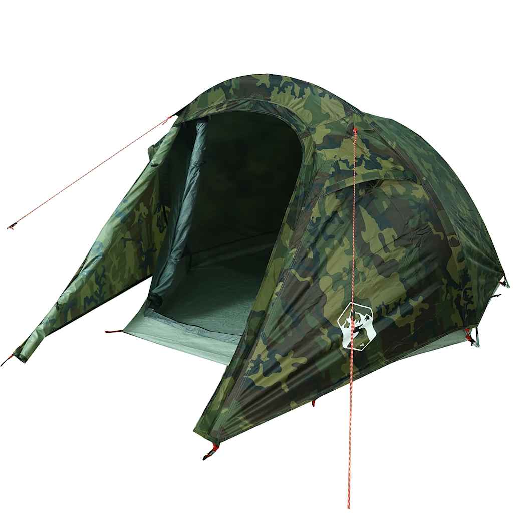 Detail van de vidaXL 2-persoons tunneltent in camouflage, zijaanzicht met open ingang.