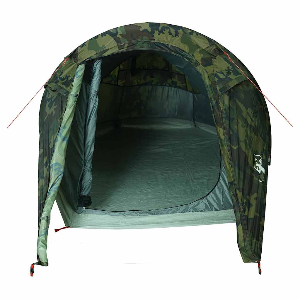 Zijaanzicht van de vidaXL 2-persoons camouflage tunneltent met open ingang.