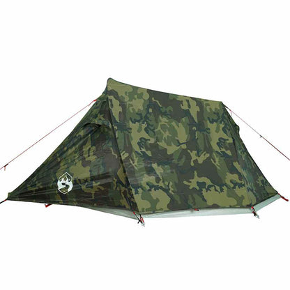 Detail van de vidaXL 2-persoons tunneltent in camouflage, zijaanzicht met waterdichte stof.
