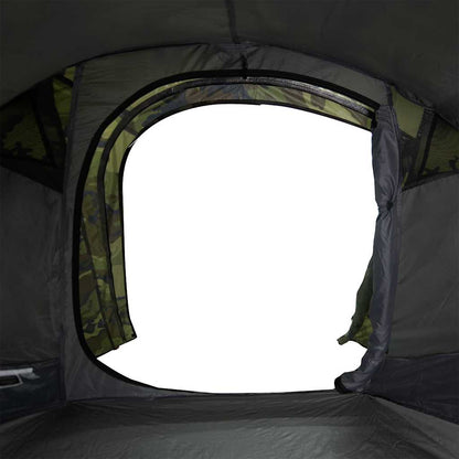 Detail van de camouflage tentopening van de vidaXL 2-persoons tunneltent.