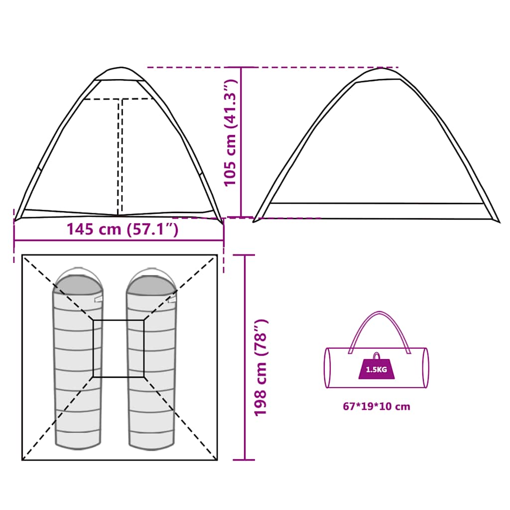 Detail van de afmetingen en het ontwerp van de vidaXL 2-persoons koepeltent.