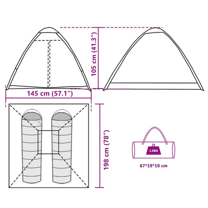 Detail van de afmetingen en het ontwerp van de vidaXL 2-persoons koepeltent.
