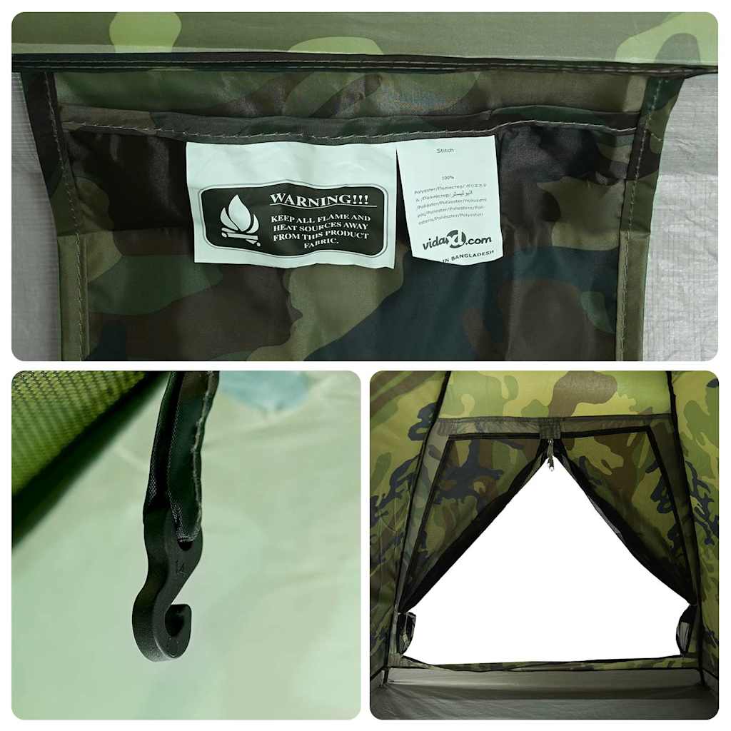 Detail van de camouflage binnenkant van de vidaXL koepeltent met ventilatieopening.