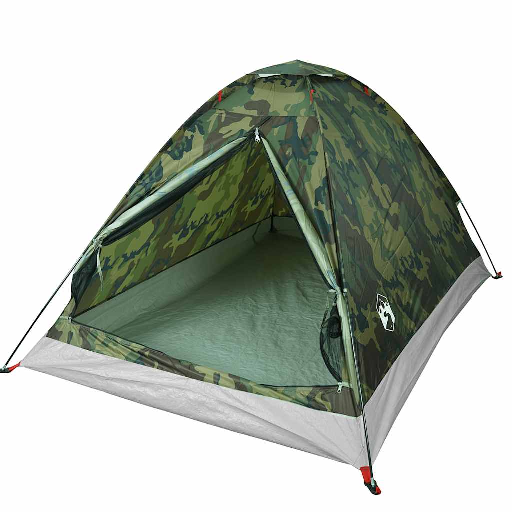 Zijaanzicht van de vidaXL koepeltent in camouflage, met open ingang en binnenruimte zichtbaar.