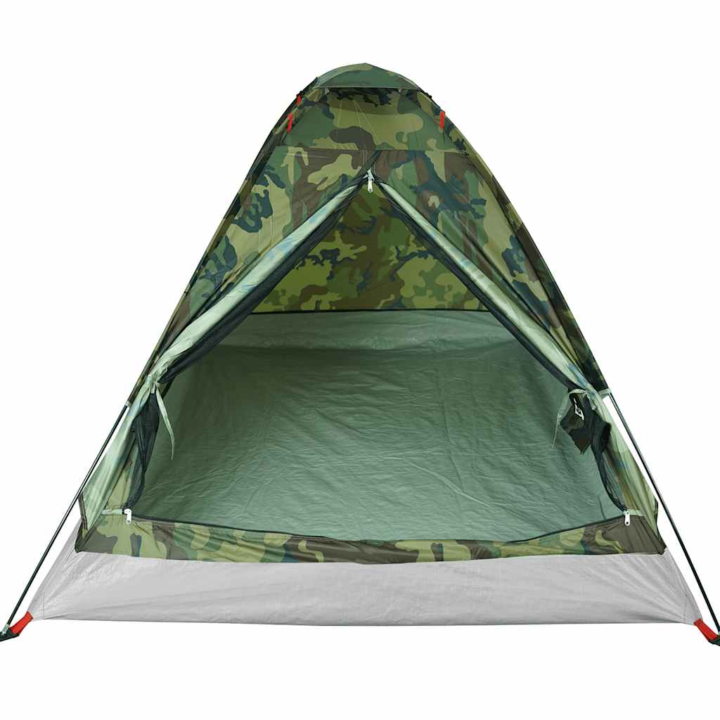 Detail van de vidaXL 2-persoons koepeltent in camouflage, met open ingang en zicht op de binnenruimte.
