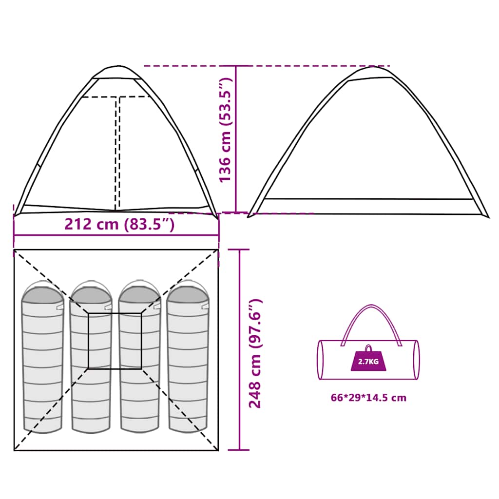 Detail van de afmetingen en gewicht van de vidaXL 4-persoons koepeltent.
