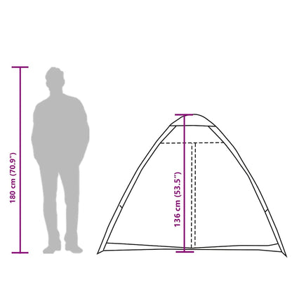 Zijaanzicht van de vidaXL koepeltent, met afmetingen en silhouet van een persoon.