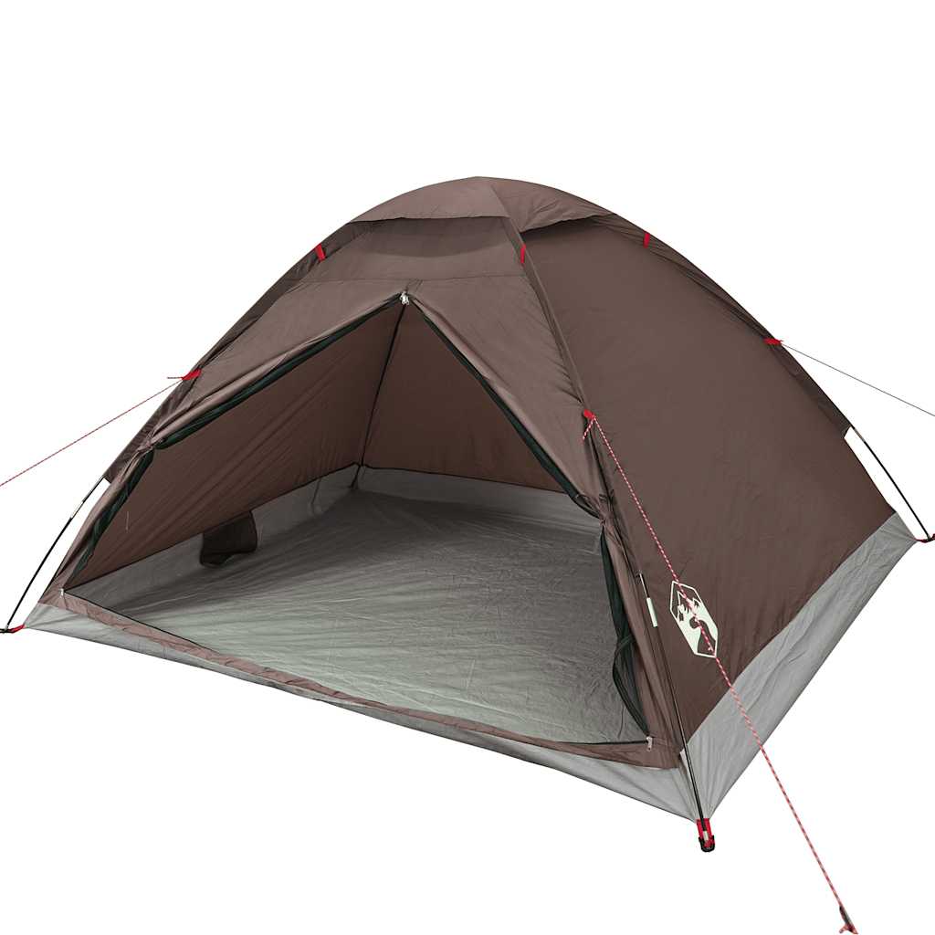 Zijaanzicht van de vidaXL koepeltent, bruin, met open ingang en ventilatie.