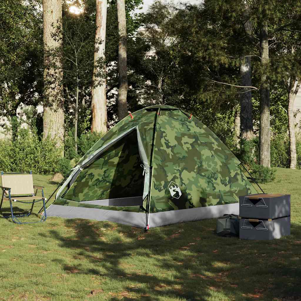 Detail van de vidaXL koepeltent in camouflage, zijaanzicht met groene omgeving.