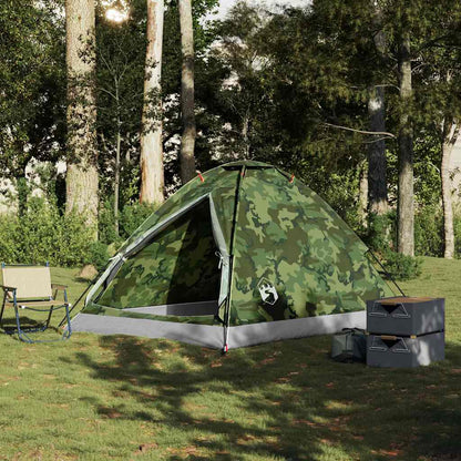 Detail van de vidaXL koepeltent in camouflage, zijaanzicht met groene omgeving.