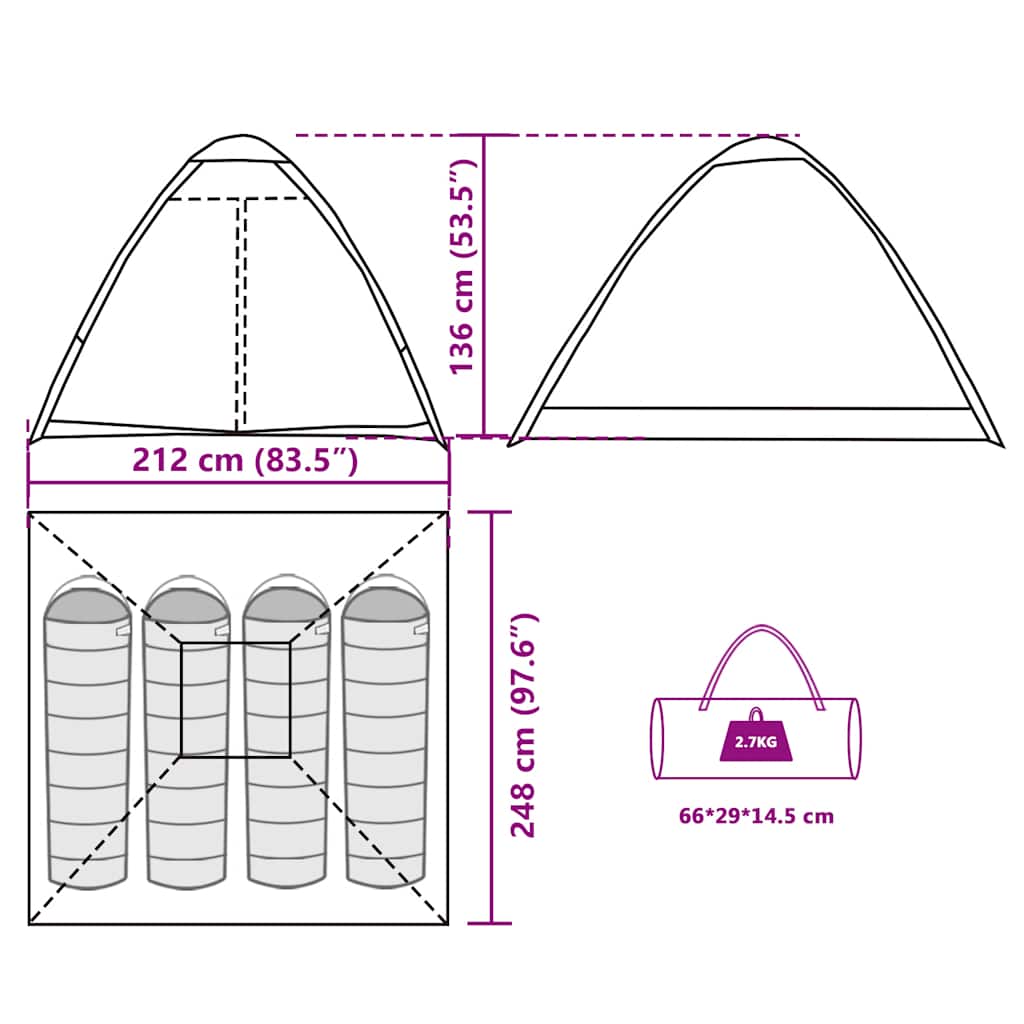 Detailtekening van de vidaXL koepeltent met afmetingen en draagtas.