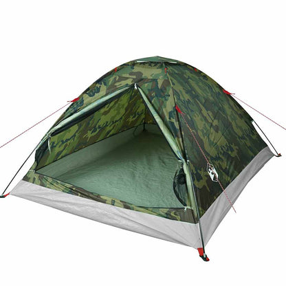 Detail van de vidaXL koepeltent in camouflage, met open ingang en lichtgewicht ontwerp.
