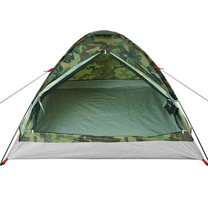 Detail van de vidaXL koepeltent in camouflage, met open ingang en zicht op het interieur.