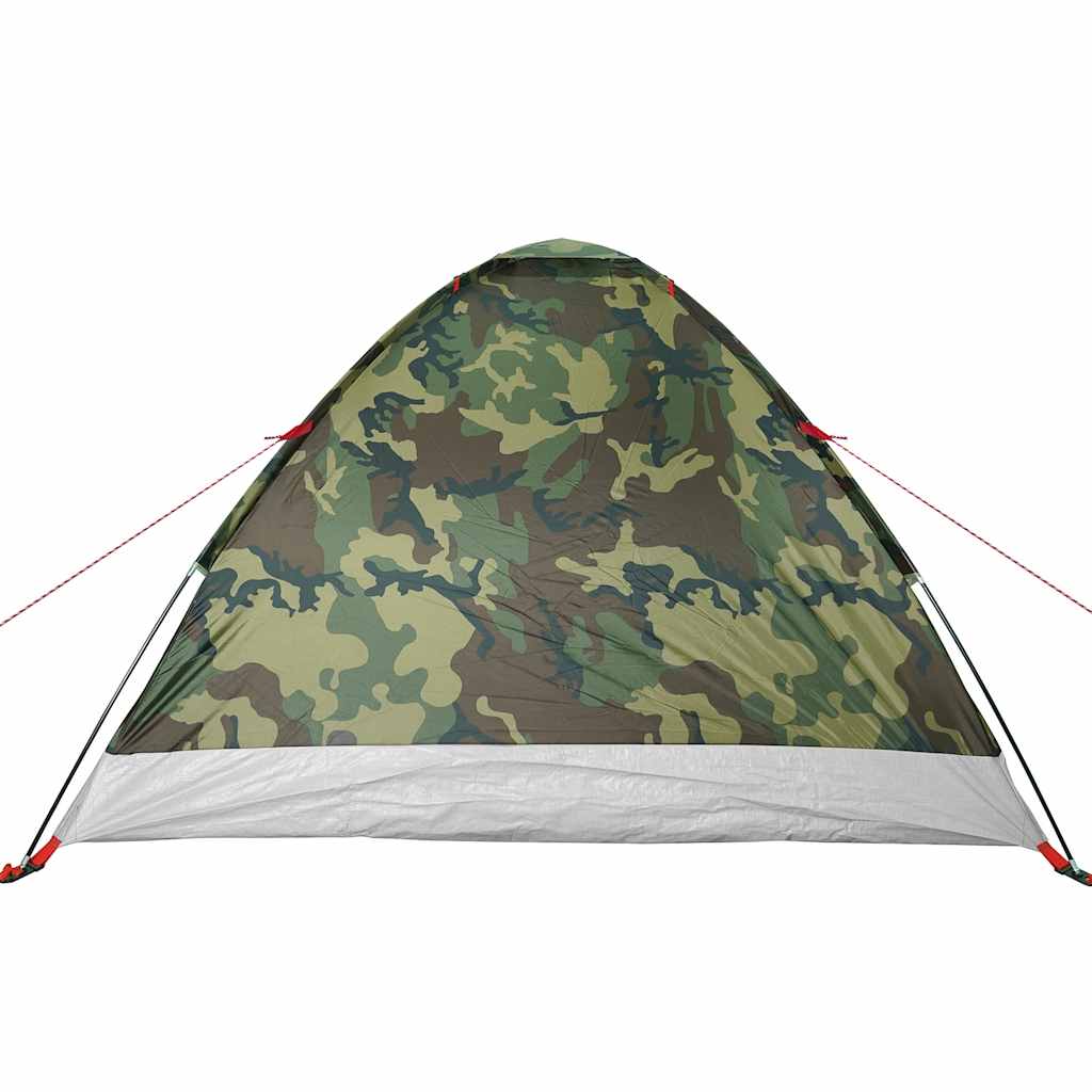 Zijaanzicht van de vidaXL koepeltent in camouflage, met waterdichte stof en stevige bevestigingen.