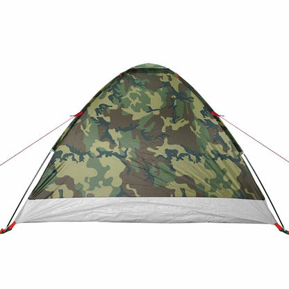Zijaanzicht van de vidaXL koepeltent in camouflage, met waterdichte stof en stevige bevestigingen.