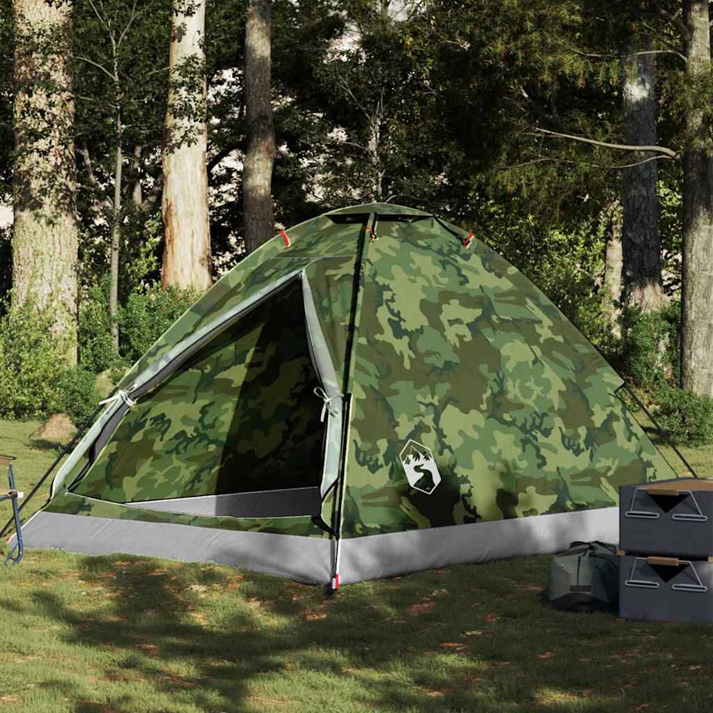 vidaXL koepeltent 4-persoons in camouflage, waterdicht en geplaatst in een bosrijke omgeving.