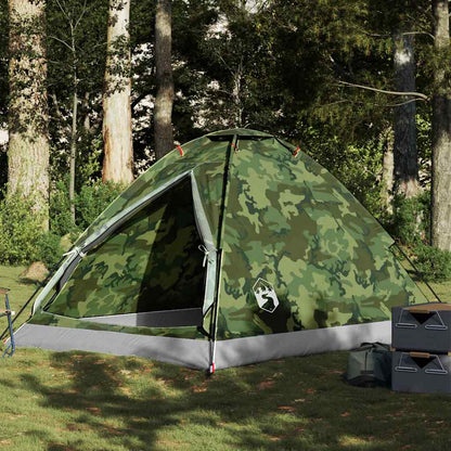 vidaXL koepeltent 4-persoons in camouflage, waterdicht en geplaatst in een bosrijke omgeving.