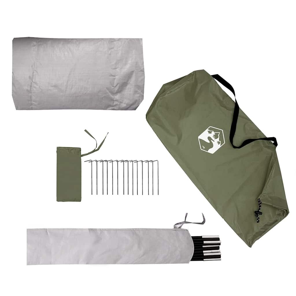 Accessoires van de vidaXL koepeltent, inclusief stokken, haringen en draagtas in olijfgroen.