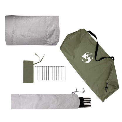 Accessoires van de vidaXL koepeltent, inclusief stokken, haringen en draagtas in olijfgroen.