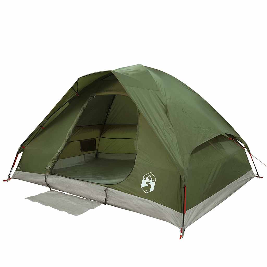Zijaanzicht van de vidaXL koepeltent in olijfgroen, met open ingang en waterdichte bekleding.