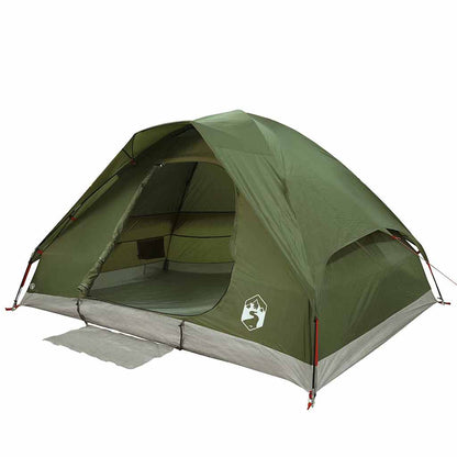 Zijaanzicht van de vidaXL koepeltent in olijfgroen, met open ingang en waterdichte bekleding.