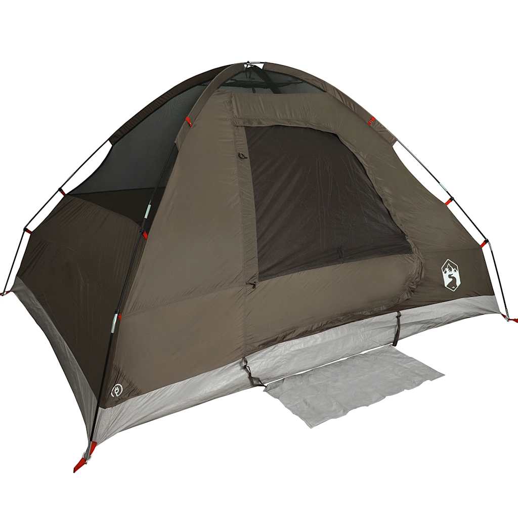 Detail van de vidaXL koepeltent in bruin, zijaanzicht met open ingang en ventilatierooster.