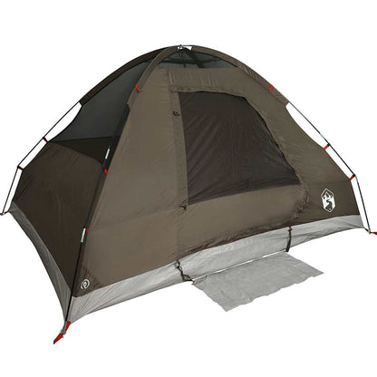 Detail van de vidaXL koepeltent in bruin, zijaanzicht met open ingang en ventilatierooster.