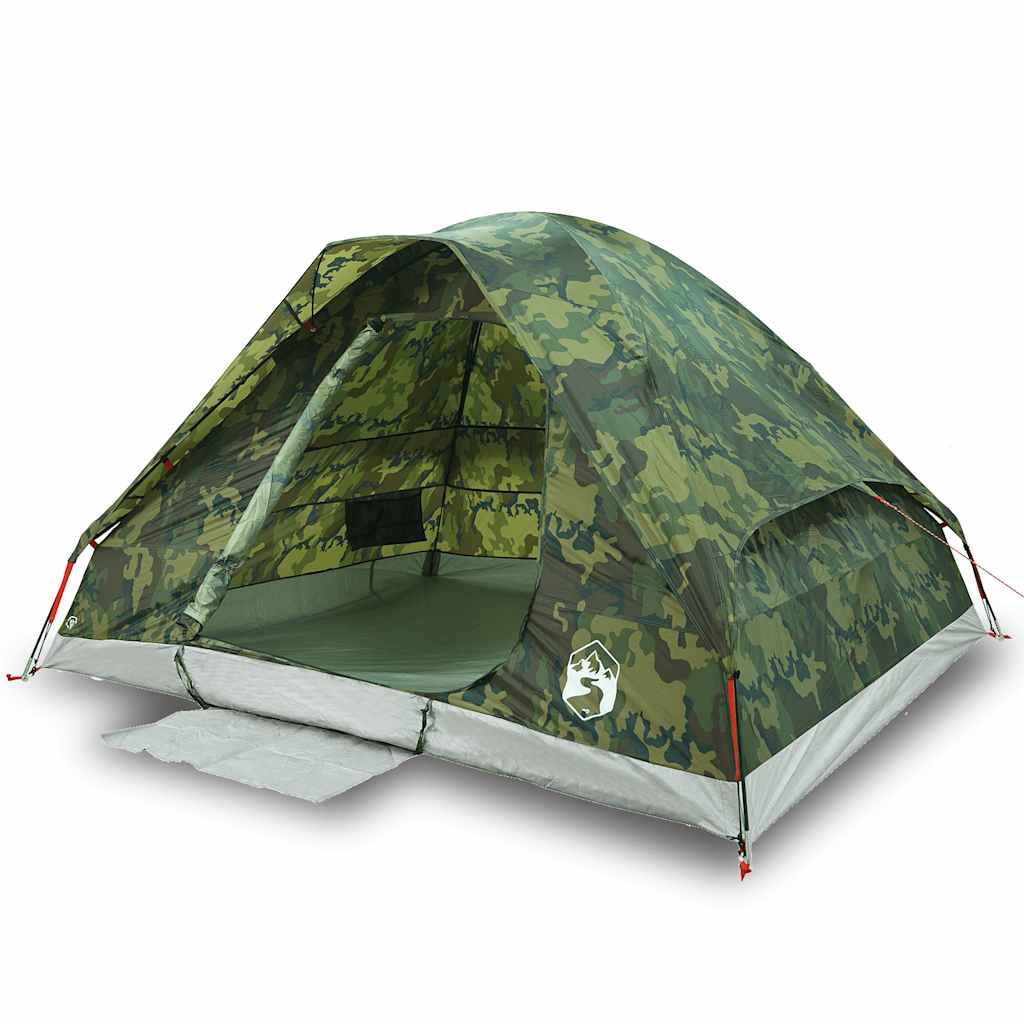 Detail van de vidaXL 2-persoons koepeltent in camouflage met open ingangszijde.