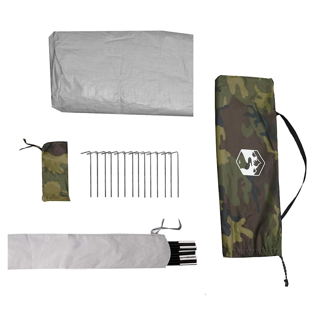 Detail van de vidaXL koepeltent met camouflagepatroon, inclusief stokken en haringen.