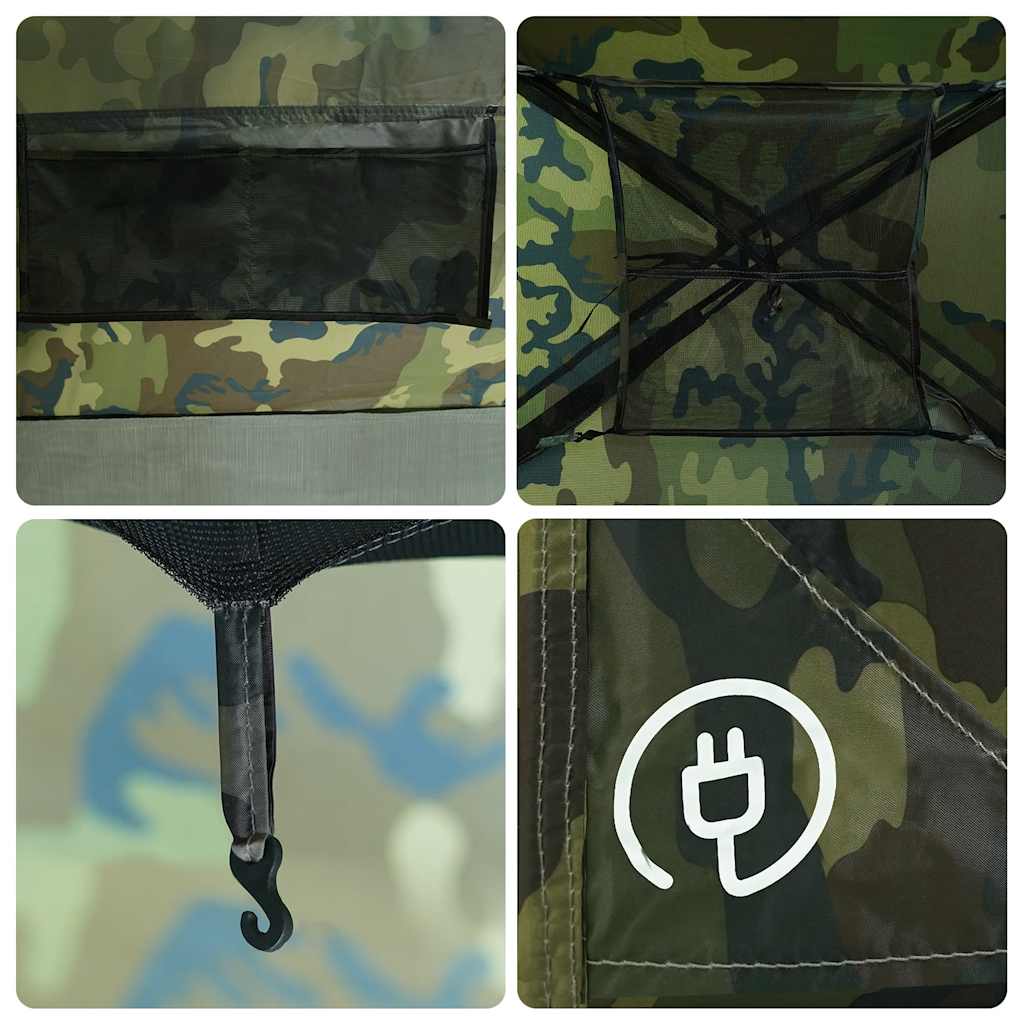 Detail van de camouflageprint en bevestigingshaak van de vidaXL koepeltent.