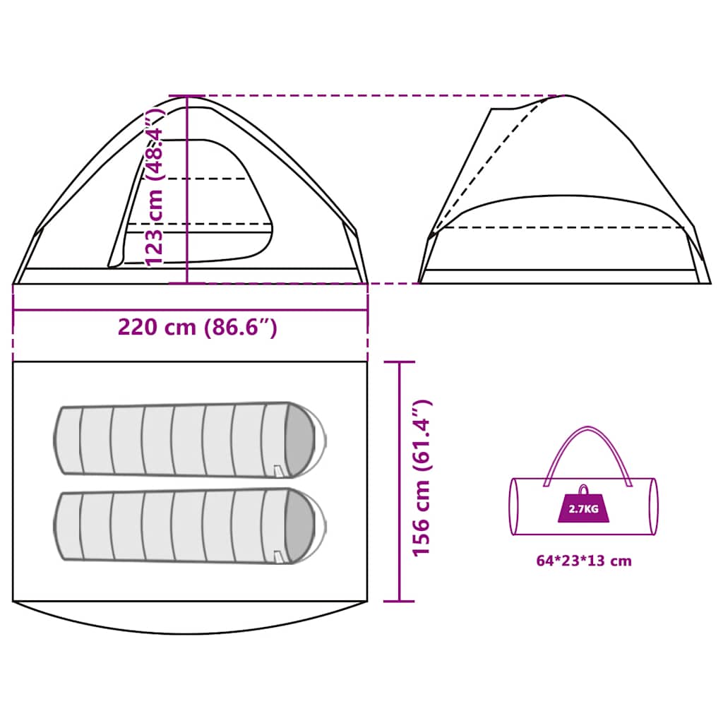 Detail van de vidaXL koepeltent met afmetingen en opbergtas in camouflagekleur.