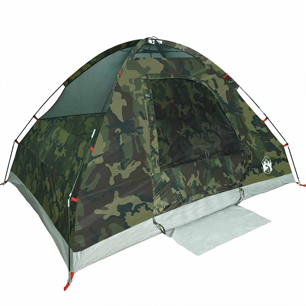 Zijaanzicht van de vidaXL 2-persoons koepeltent in camouflage, met gaasventilatie.