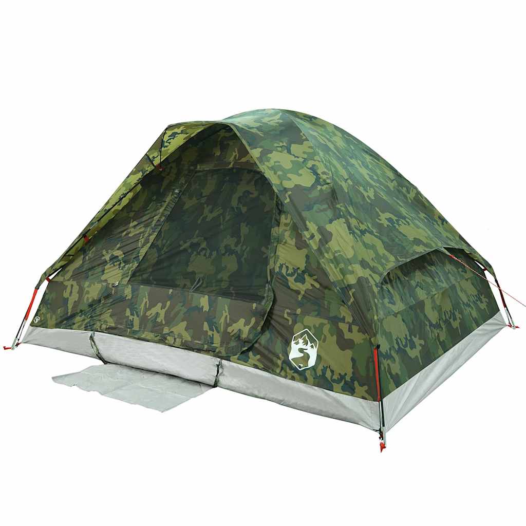 Zijaanzicht van de vidaXL koepeltent in camouflage, met open deur en waterdichte stof.