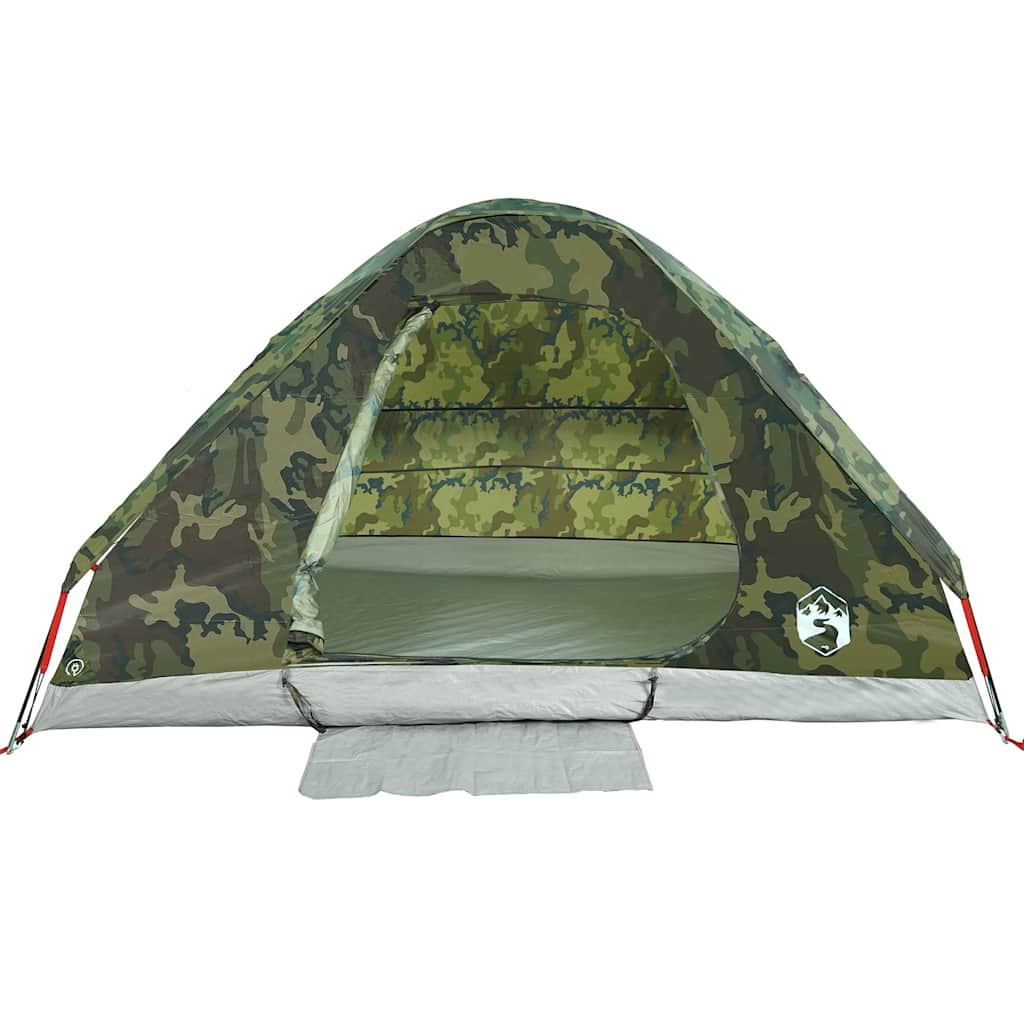 Zijaanzicht van de vidaXL 2-persoons koepeltent in camouflage, met open ingang.