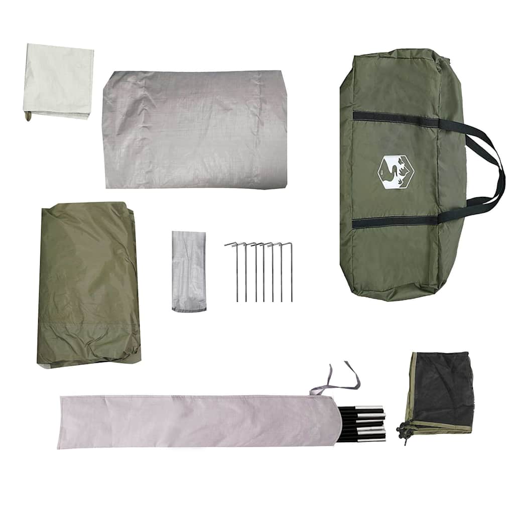 Detail van de vidaXL koepeltent met accessoires, waaronder stokken en haringen in olijfgroen.