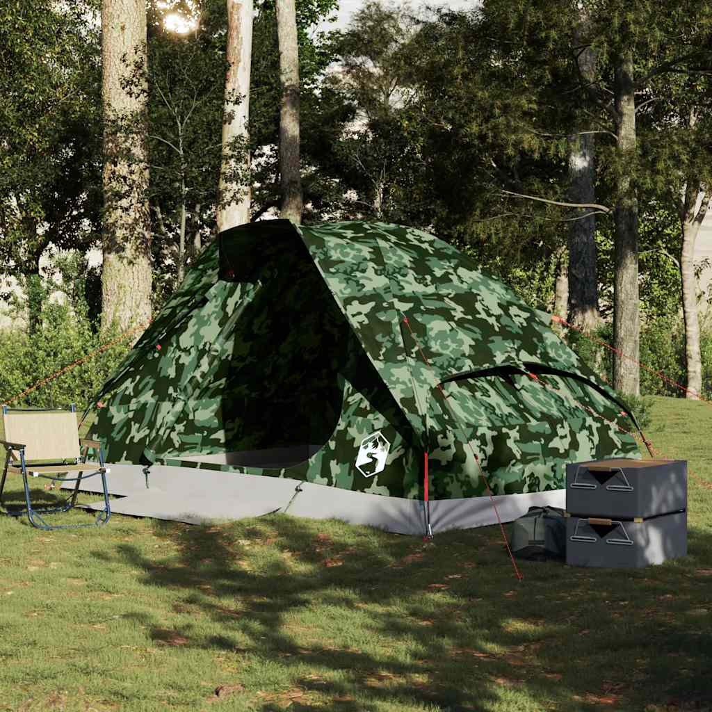 Zijaanzicht van de vidaXL koepeltent in camouflage, opgesteld in een groene omgeving.