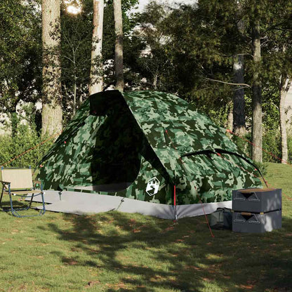 Zijaanzicht van de vidaXL koepeltent in camouflage, opgesteld in een groene omgeving.