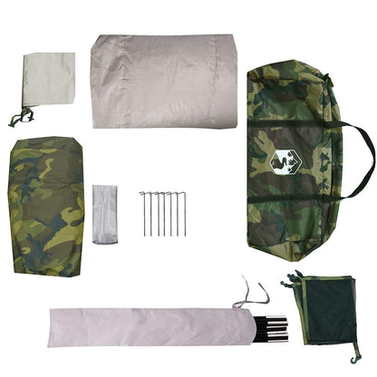 Detail van de vidaXL koepeltent met camouflagekleurige opbergtas en accessoires.