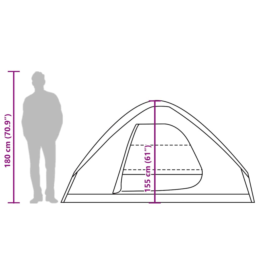 Zijaanzicht van de vidaXL koepeltent met afmetingen en een silhouet van een persoon.