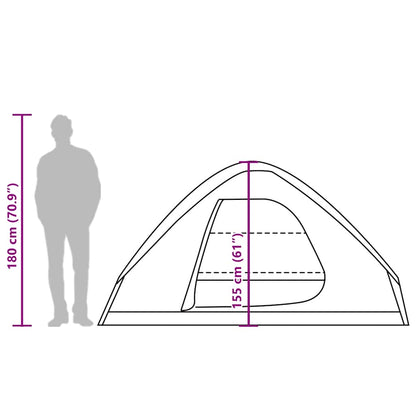 Zijaanzicht van de vidaXL koepeltent met afmetingen en een silhouet van een persoon.