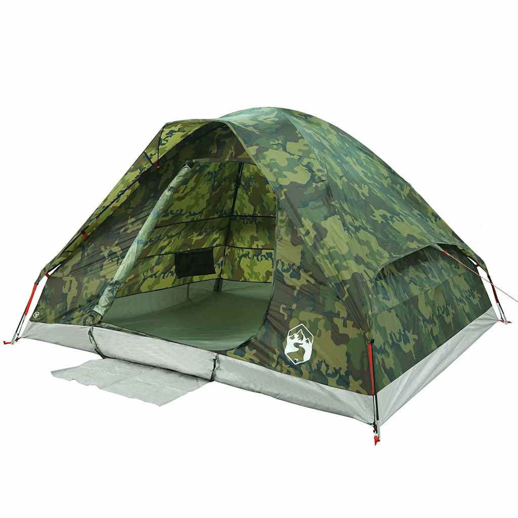 Zijaanzicht van de vidaXL koepeltent in camouflage, met open ingang en lichtgewicht ontwerp.
