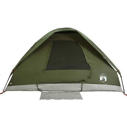 Detail van de olijfgroene vidaXL koepeltent met open ingang en ventilatierooster.