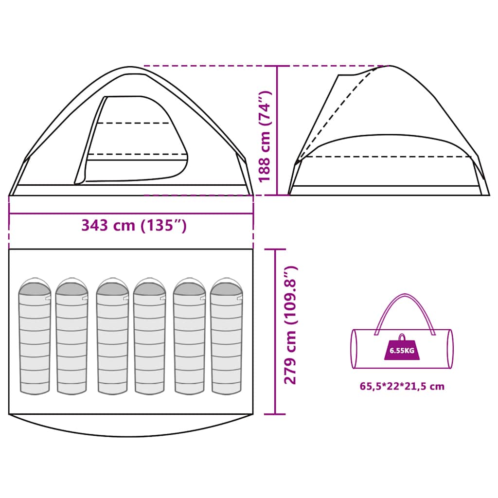 Detail van de afmetingen en specificaties van de vidaXL 6-persoons koepeltent.