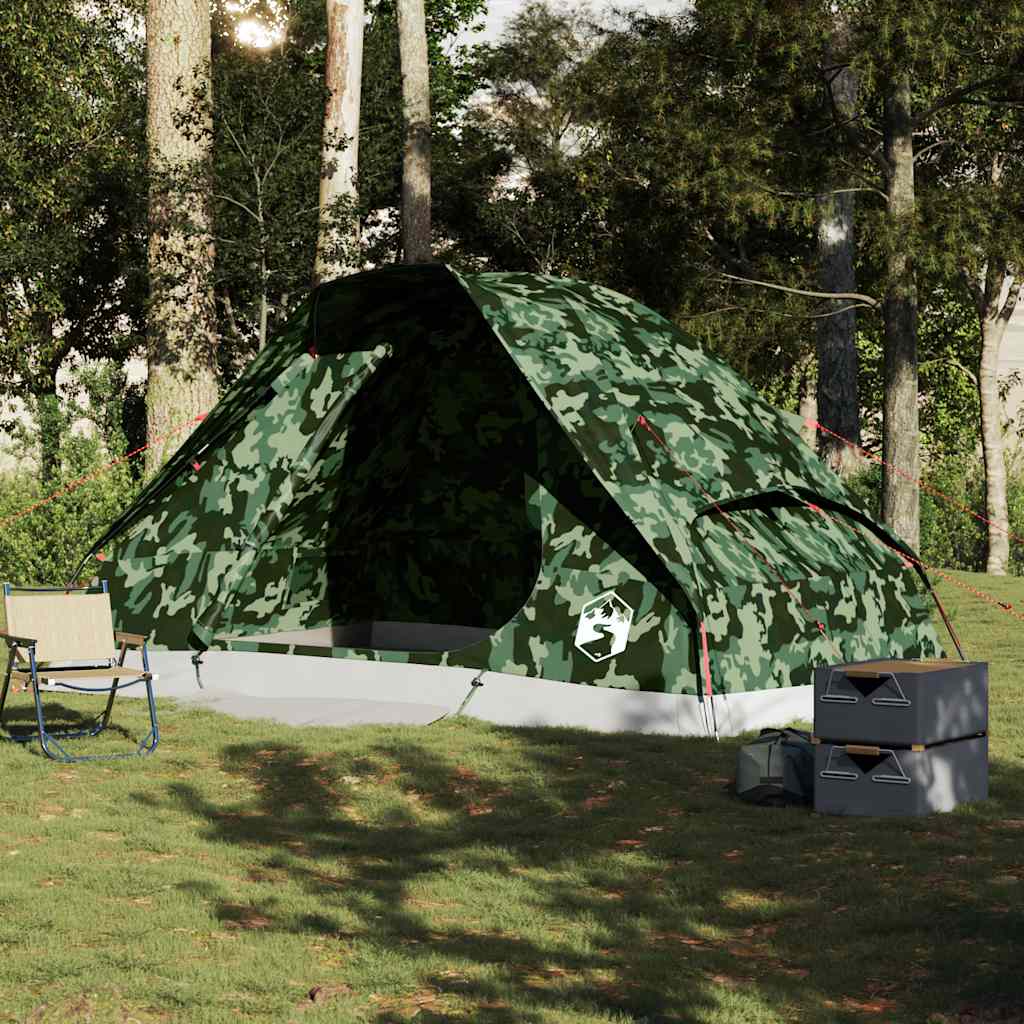 Zijaanzicht van de vidaXL koepeltent in camouflage, opgesteld in een groene omgeving.