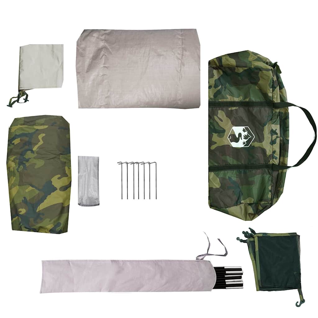 Detail van de vidaXL koepeltent met camouflage draagtas en bevestigingsmaterialen.