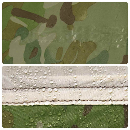 Detail van de camouflage stof met waterdruppels en getapete naden van de vidaXL koepeltent.