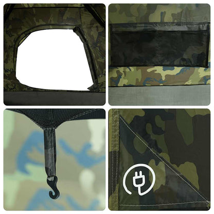 Detail van de camouflage buitenkant van de vidaXL koepeltent met een venster en haak.